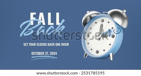 Daylight saving time ends banner. Isolated 3D realistic alarm clock on blue halftone textured background, charcoal arrow and underline. Fall Back time 2024. Vector illustration