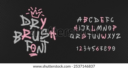 Hand drawn dry brush font. Youthful street style marker graffiti alphabet. Vector typographic design, halftone texture background