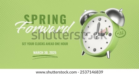 Spring Forward 2025, Daylight saving time banner. Isolated 3D realistic alarm clock on green halftone textured background, charcoal arrow and underline. Vector illustration