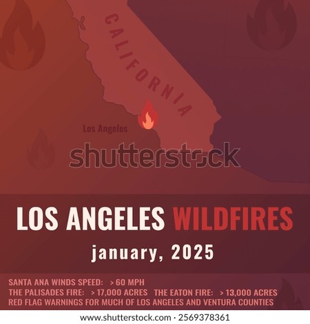 Los Angeles wildfires information vector illustration with map, fire symbol and info for blog, articles, social media. California, january 2025