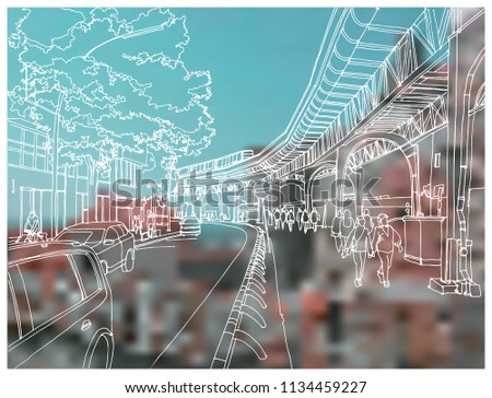 Scene street illustration. Hand drawn ink line sketch European old town, Hamburg, Germany  with buildings, bridge, train in outline style. Ink drawing of cityscape, perspective view. Travel postcard.