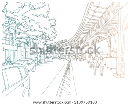 Scene street illustration. Hand drawn ink line sketch European old town, Hamburg, Germany  with buildings, bridge, train in outline style. Ink drawing of cityscape, perspective view. Travel postcard.
