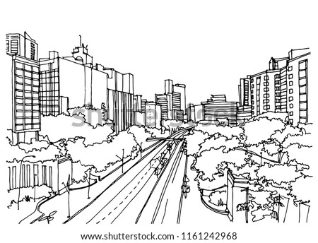 Scene street  illustration. Hand drawn ink line sketch of Sao paulo, Brazil. Postcards design in outline style, panorama view.