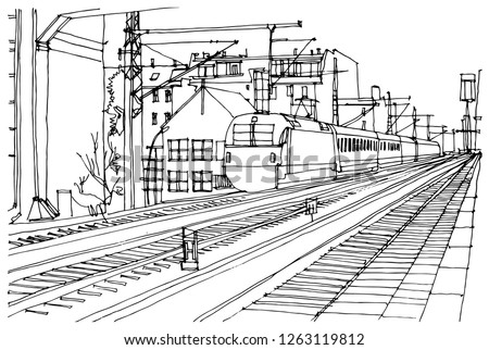 Scene street illustration. Hand drawn ink line sketch Berlin city, Germany  with buildings,construction, subway station, train in outline style perspective view. Postcards design.