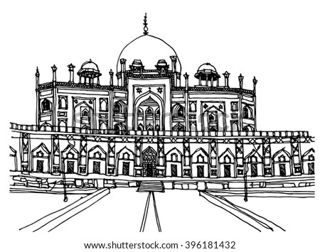 Scene Street Illustration. Hand Drawn Ink Line Sketch Facade Of Humayun ...