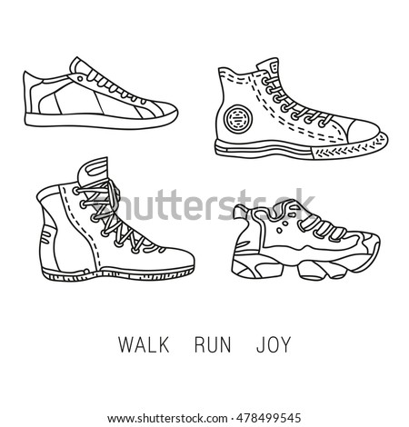 Sneakers, shoes and gumshoes, footwear. Sport, run walk go. Graphic design plane flat line logo icon stylish elements. Contour. Travel, journey, trip.