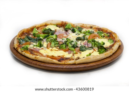 Fresh Pizza With Broccoli, Basil, Hollandaise Sauce, Tomatoes And Ham ...