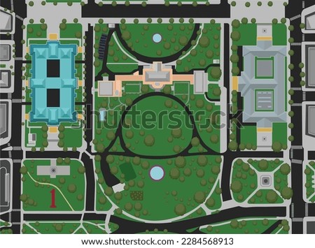 Vector map or Top view of the White House, Eisenhower Executive Office Building, the U.S. Treasury Department, monument, and park. This is a vector of the White House plan and surrounding buildings