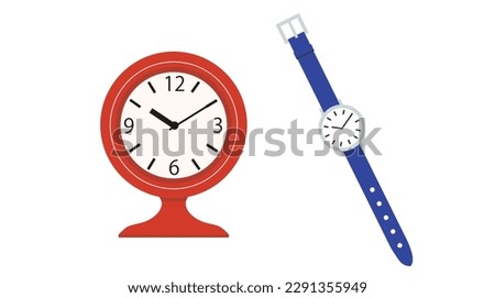Vector illustration of stylish table clock and wristwatch with blue belt
