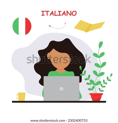 Online Italian courses, distance learning, a girl learns Italian online. Education at home, in front of a laptop. Open book and Italiano text. Vector illustration eps 10.