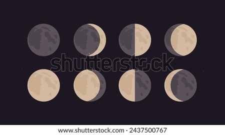Vector set moon phases. New moon, waxing crescent, quarter, moon, waxing gibbous, full moon, waning gibbous, last quarter, waning crescent. Astrology, astronomy, science, lunar calendar.