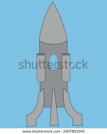 Space rocket, gray. The vehicle has a porthole, two turbines, a sharp head and three metal legs. The drawing can be used as a logo.