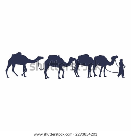 Camel Silhouettes. Vector Image, Cameleer with camels silhouette graphic vector, Camel caravan silhouette. Vector illustration isolated on white background.