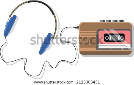 Vintage cassette player from the 80s, 90s production, stylish blue headphones with a soft rim. Flat illustration in the style of the 90s  Сток-фото © 
