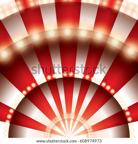Abstract red curtains moulin rouge. Circus stage with red and white lines and spotlights. Paper cut circus panel. Moulin rouge. Vector illustration.