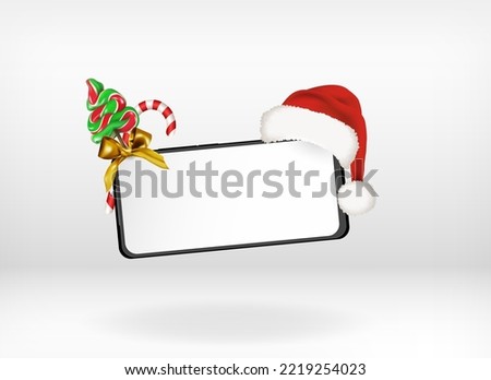 Merry Christmas smart phone mockup in horizontal orientation with santa claus hat, candy tree and cane isolated on white background. Editable abstract 3D Vector illustration