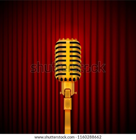 Stage curtains with shining gold microphone vector illustration. Standup comedy show concept. 