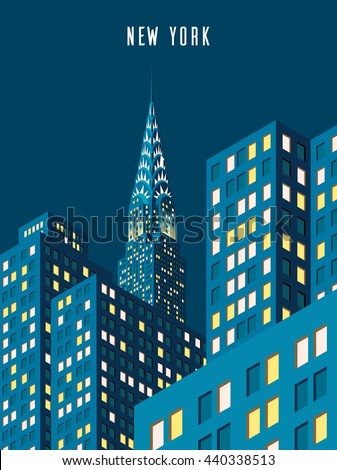 Vector illustration. cityscape. Night New York and Chrysler building. Isometric perspective. Cartoon Style.