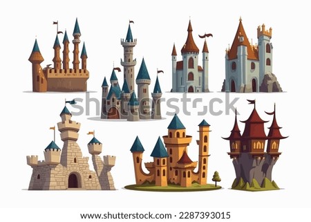 Fantastic historical castles with towers. Set of castles in cartoon style. Flat vector illustration