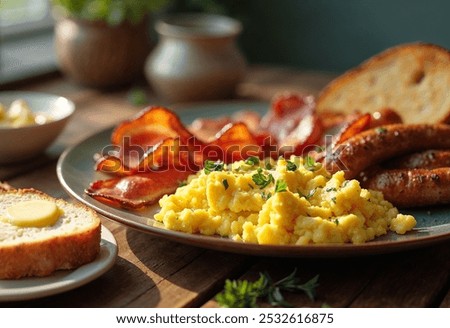 Image, Stock Photo Scrambled eggs in a blue plate, top view on a yellow table.