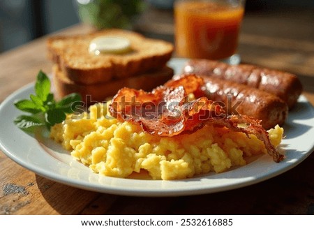 Similar – Image, Stock Photo Scrambled eggs in a blue plate, top view on a yellow table.