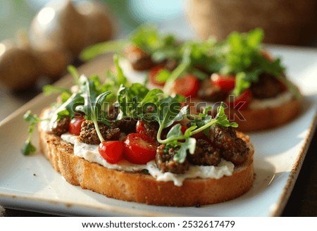 Similar – Image, Stock Photo Homemade toasted bread with fried egg, spinach and aromatic herbs