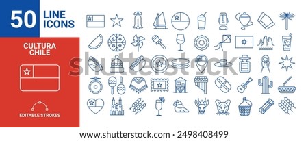 Set of 50 icons of the culture of Chile, national symbols, typical foods, fauna, vectors in Vector Format