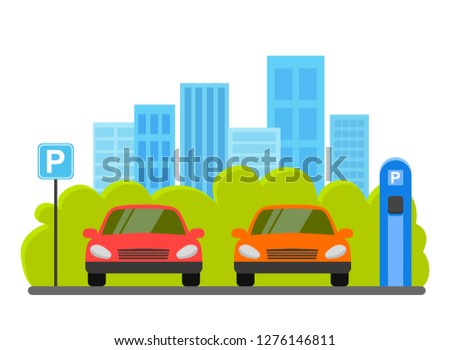 Parking lot vector illustration isolated on white background, flat parking lot sign near the car parked