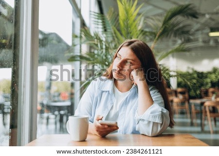 Similar – Image, Stock Photo Young sad woman looking outside through balcony of an apartment building