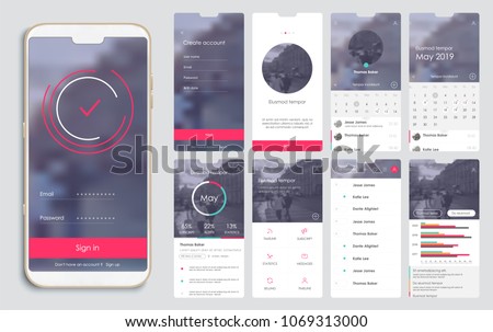 Design of the mobile application, UI, UX. A set of GUI screens with login and password input, home page, news feed, rating and statistics, settings and payment screens.