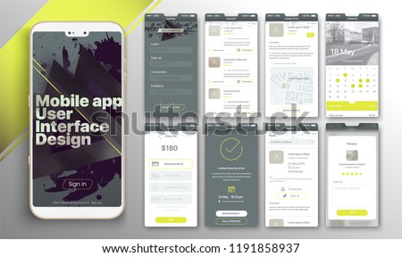 Design of the mobile application, UI, UX. A set of GUI screens with login and password input, home page, news feed, rating and statistics, settings and payment screens.