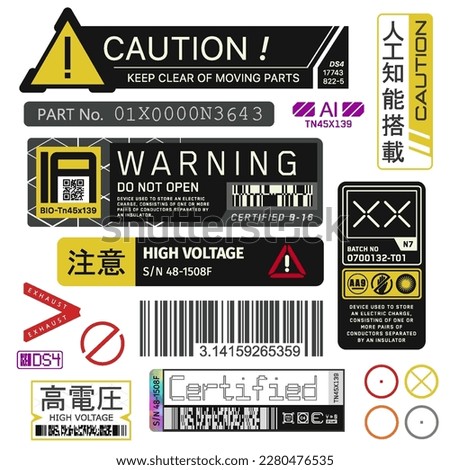 Cyberpunk decals set. Set of vector stickers and labels in futuristic style. Inscriptions and symbols, Japanese hieroglyphs for danger, attention, AI controlled, high voltage, warning.