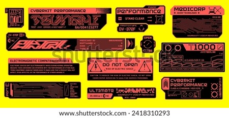 Cyberpunk decals set. Set of vector stickers and labels in futuristic mecha style. Sci-fi Inscriptions and symbols, Mechsuit font.