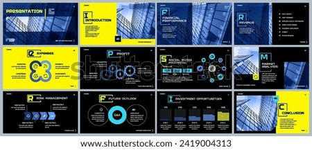 Presentation templates in cyberpunk style. Elements for infographics on a dark background. Use in presentation, flyer and leaflet, corporate report, marketing, advertising, annual report, banner.