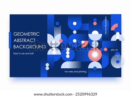 Geometric Abstract Backgrounds Design. Composition of simple geometric shapes on a white background. For use in Presentation, Flyer and Leaflet, Cards, Landing, Website Design. Vector illustration.