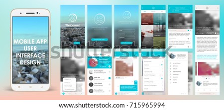 Design of mobile app, UI, UX, GUI. Set with a welcome window, registration, home page, news search, concept chat Messenger and settings