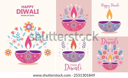 Happy Diwali greeting cards, featuring a modern and colorful design. The illustrations should incorporate Diyas, oil lamps, hands holding candles, and abstract shapes in vibrant hues.