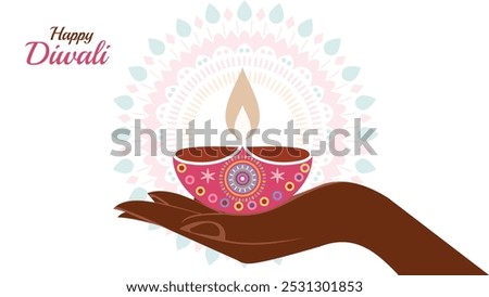 Happy Diwali greeting cards, featuring a modern and colorful design. The illustrations should incorporate Diyas, oil lamps, hands holding candles, and abstract shapes in vibrant hues.