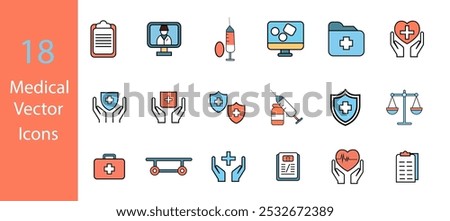 Medical and Healthcare web icons in color style. Medicine, dentistry, pharmacy, lab, scientific discovery. Vector illustration.