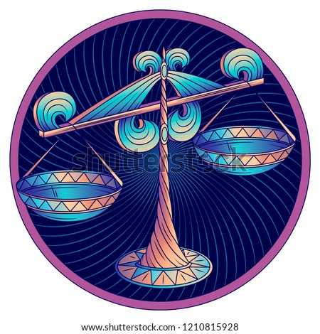 Libra zodiac sign, astrological, horoscope symbol. Futuristic style icon. Stylized graphic blue scales is decorated with the ornate decor and geometric pattern on the scale pans. Vector illustration.