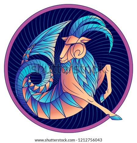 Capricorn zodiac sign, astrological, horoscope symbol. Futuristic style icon. Stylized graphic blue fantastic animal, deity of ancient Greece. Sea goat with fish tail, beard and big horns. Vector art