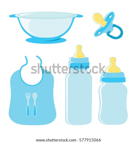 Set of dishes for food and pacifier for boy baby.
