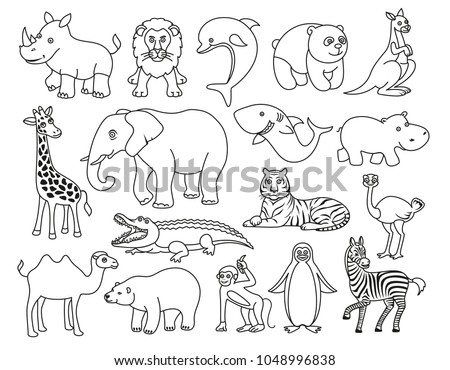 Wild animals cartoon Australia, Asia, the Arctic, Antarctica fauna isolated and sea creatures set. Black and white graphic vector illustration in the line style