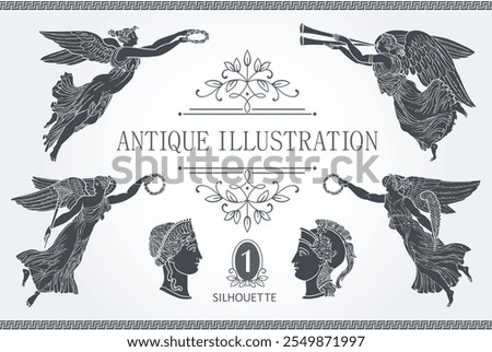 Greek goddess mythology antique silhouette illustration. Vector isolated Antique angel. Black and white line drawing 1