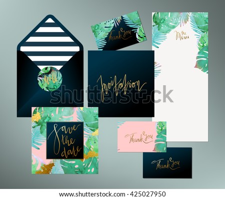 Trendy tropical  jungle style vector wedding print set. Invitation cards, menu and envelope vector templates with exotic green, blue, pink plants with glittering gold blots and stripes texture.