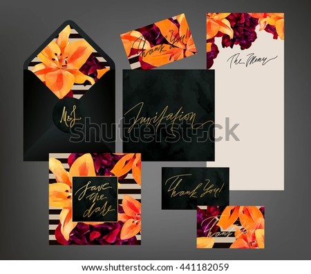 Trendy floral vector wedding print set. Invitation cards, menu and envelope vector templates with exotic orange lilies and dark pink peonies with paint, gold, black velvet and stripes textures.