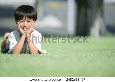 Similar – Image, Stock Photo Boy lying on a sofa using the laptop