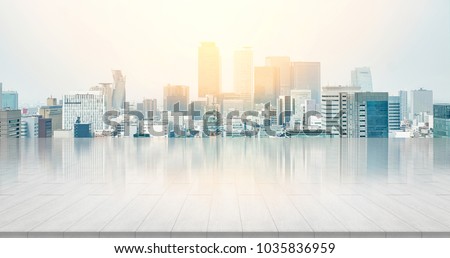 Business and design concept - empty stone panel ground with panoramic city skyline aerial view under bright sun and blue sky of nagoya, Japan for mockup or montage product