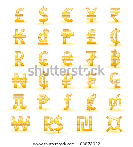 Golden currency symbols of the world