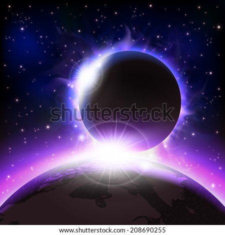 An outer space background with an eclipse, planets and stars. Layered.